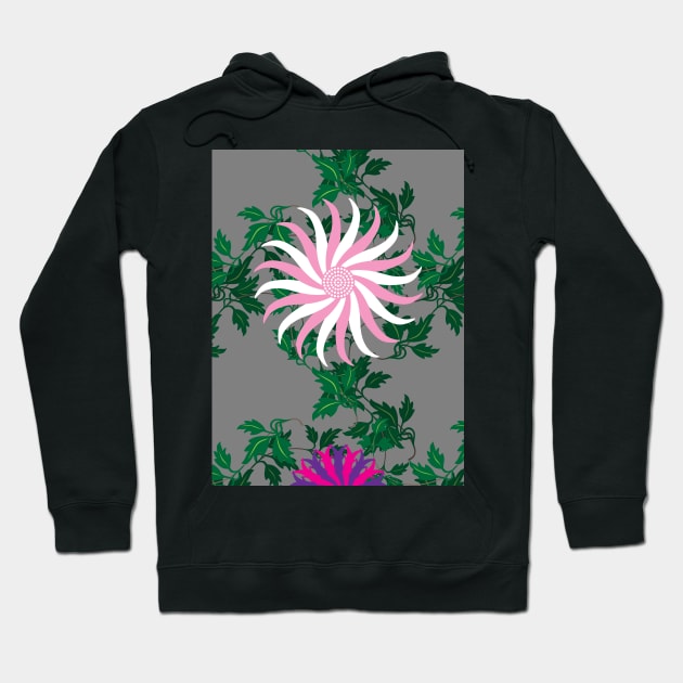 White and Pink, Cerise and Purple Flowers on a Vine Leaf and Mid-Grey background Hoodie by sleepingdogprod